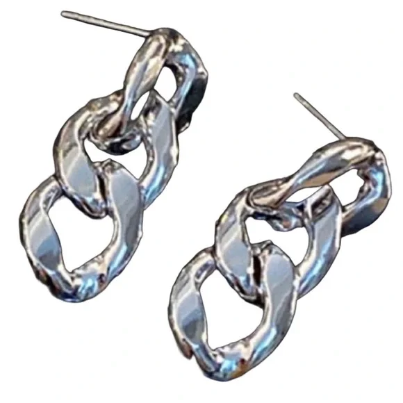 💎 🆕 NWT 14K WHITE GOLD PLATED CHAIN LINK STUD BACK PAIR OF EARRINGS - Picture 2 of 2